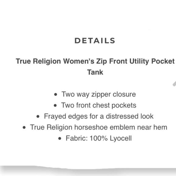 True Religion | NWOT Zip Front Utility Pocket Tank - Picture 11 of 11